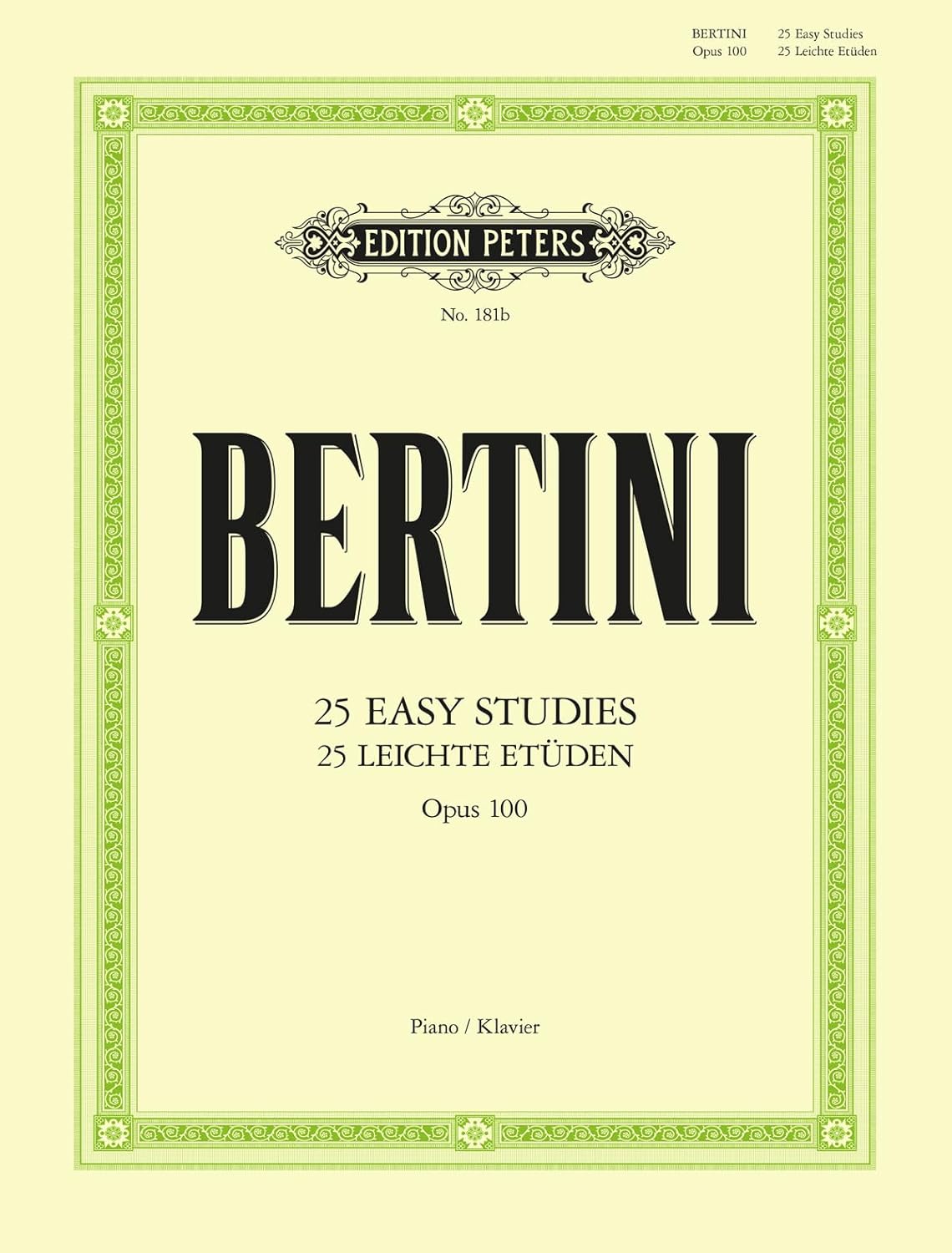 Bertini 25 Easy Studies for Piano Op.100 (Peters) Piano Traders